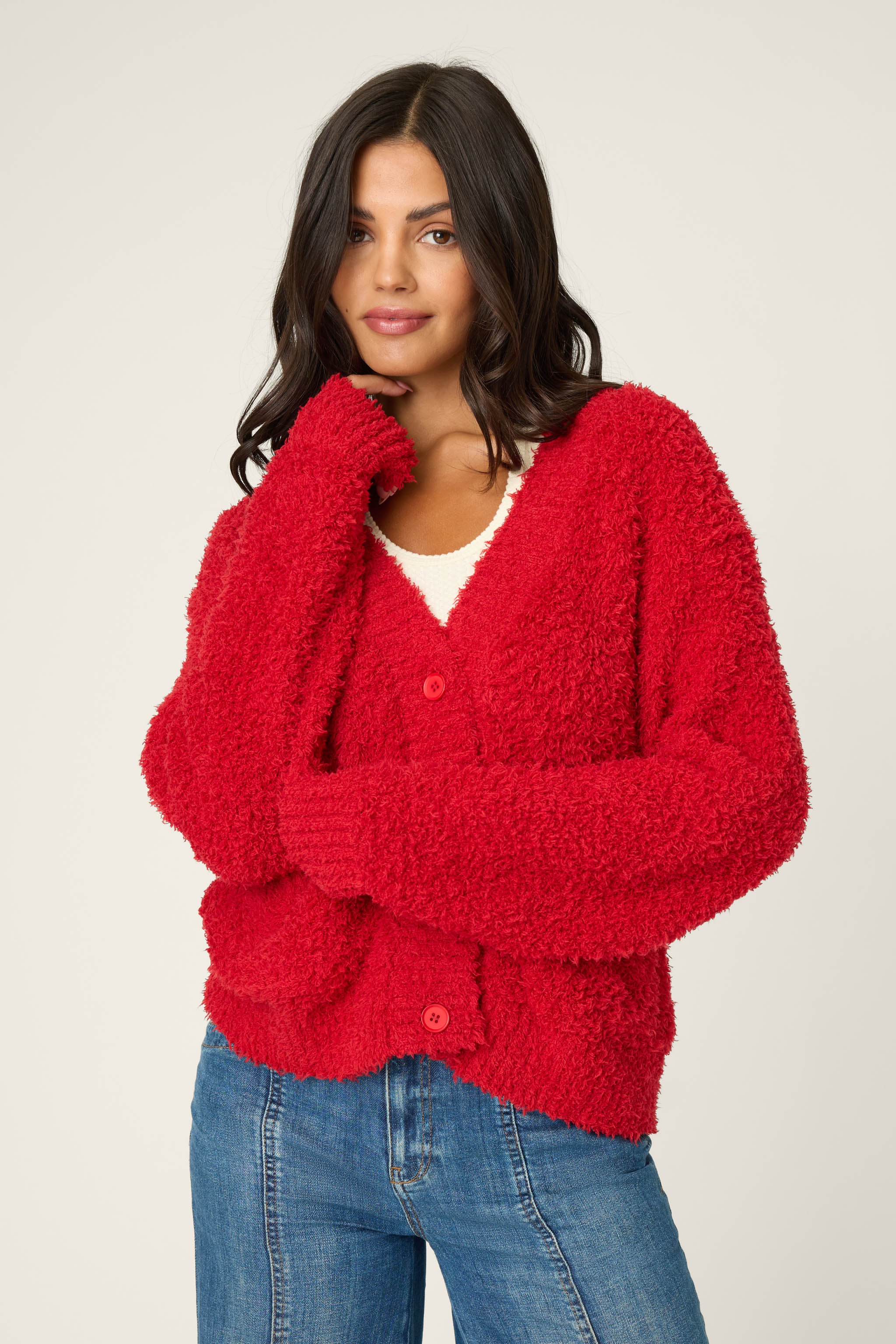 B*Y様 Seeksole woolmix cardigan 赤 Women's Red Bouclé Cardigan with Pockets – P.J. Salvage