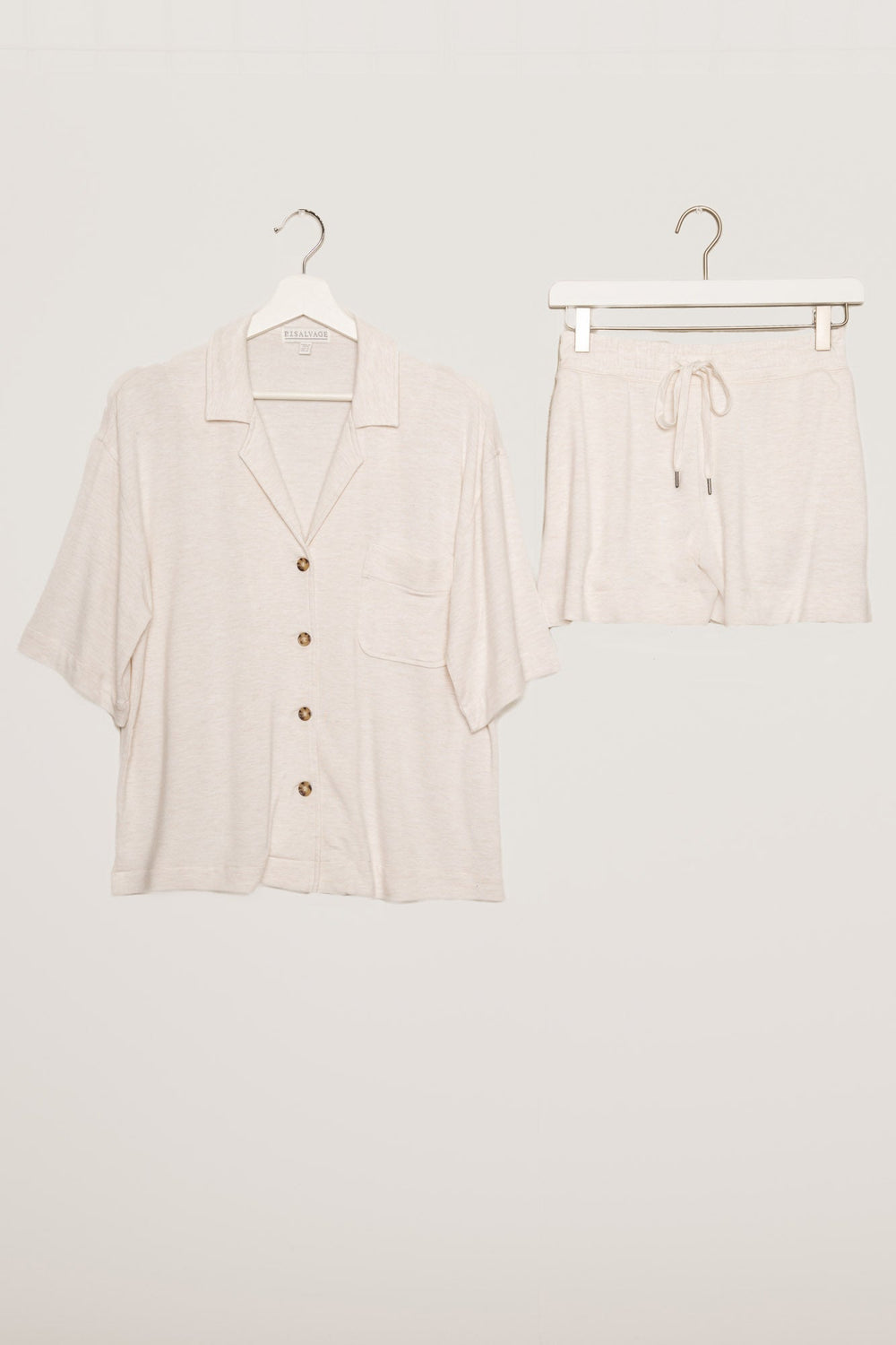 Oatmeal pajama set in a short sleeve button top & comfy pocket short in mini French terry. (7199527567460)
