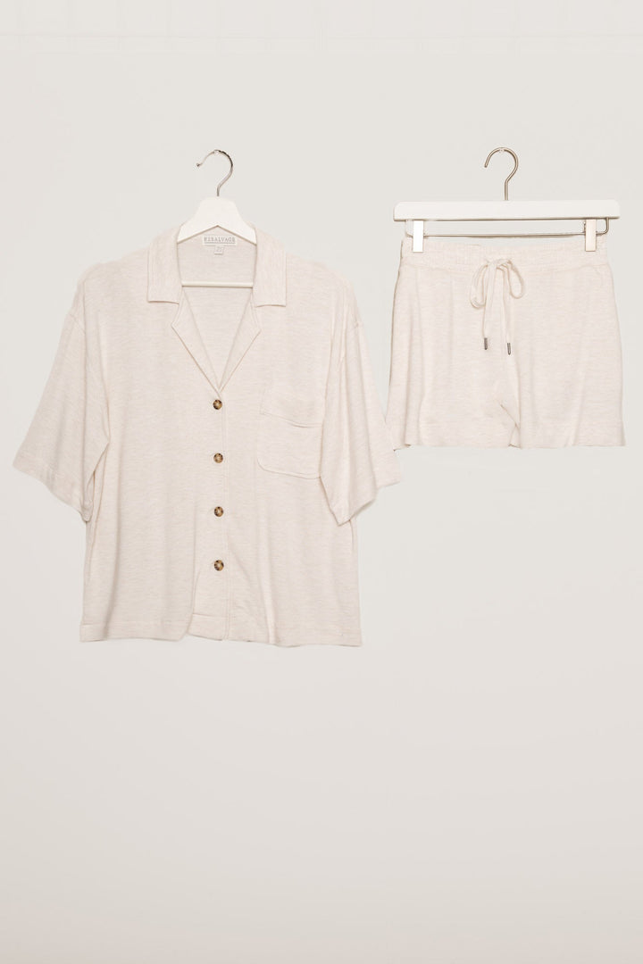 Oatmeal pajama set in a short sleeve button top & comfy pocket short in mini French terry. (7199527567460)