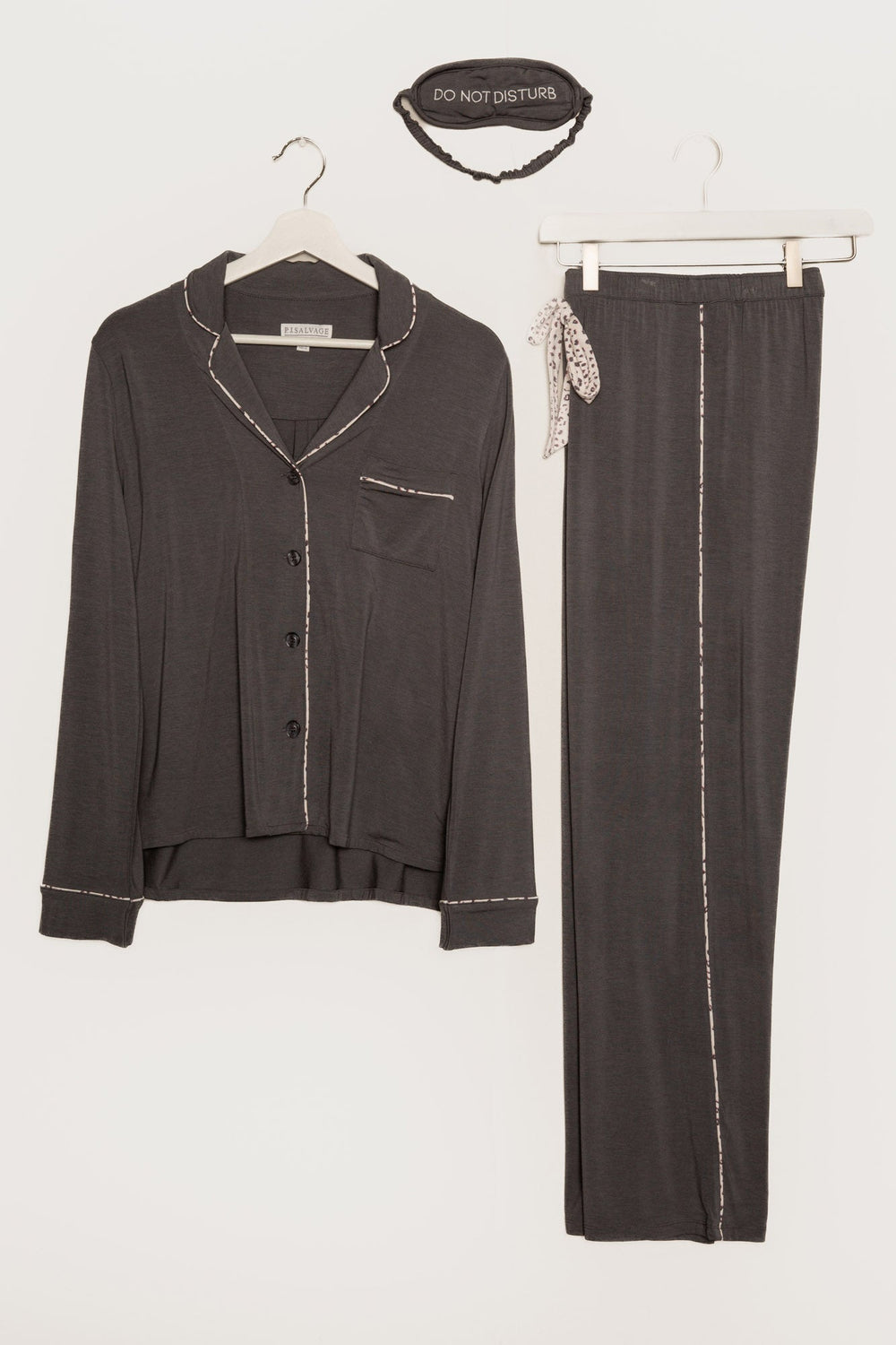 Pajama set in charcoal modal jersey. Notch collar top, tie pant & embroidered sleep mask 'Do Not Disturb'. (7122609274980)