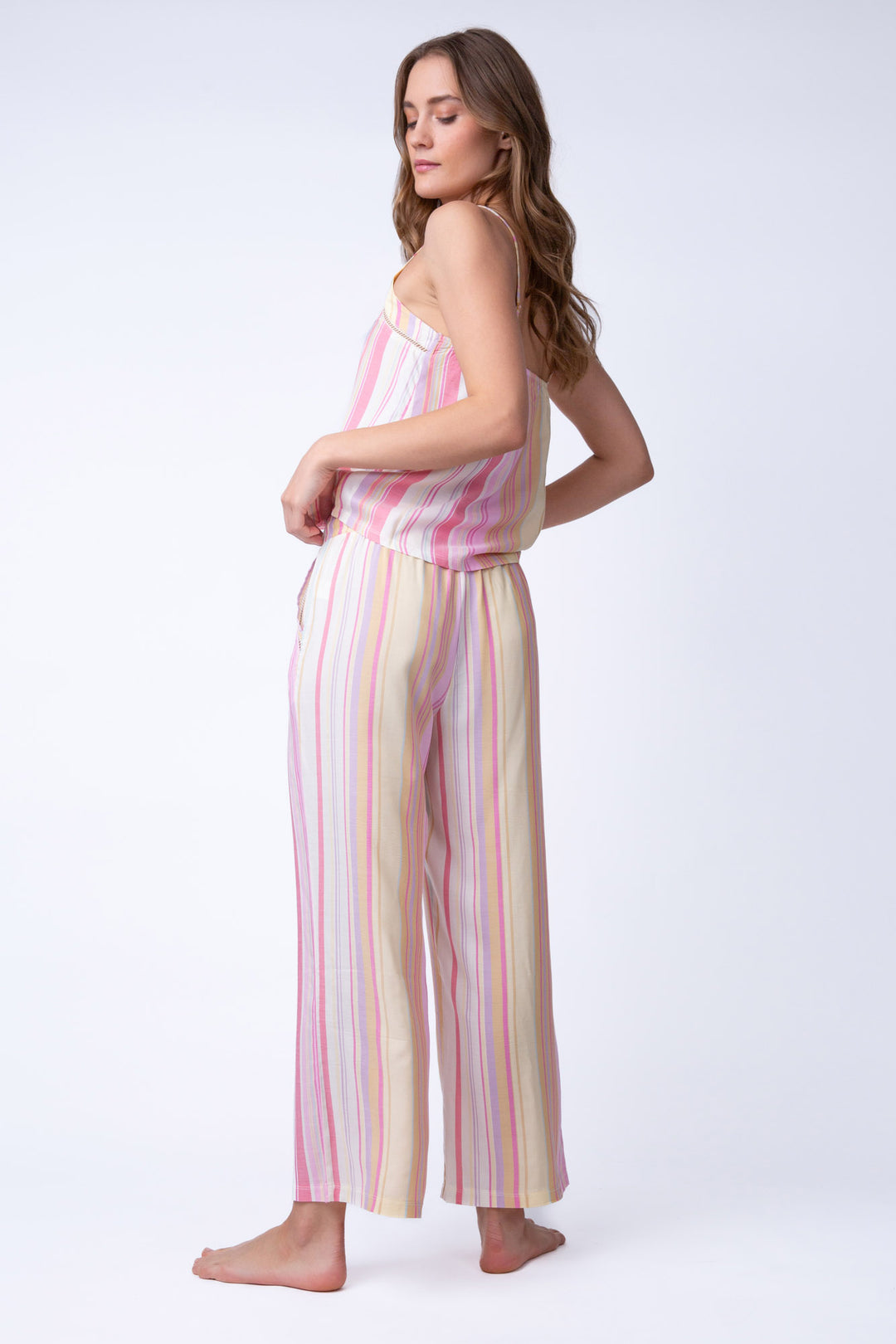Women's striped lounge pant in pink-peach-natural. Cropped pant & tie waist.