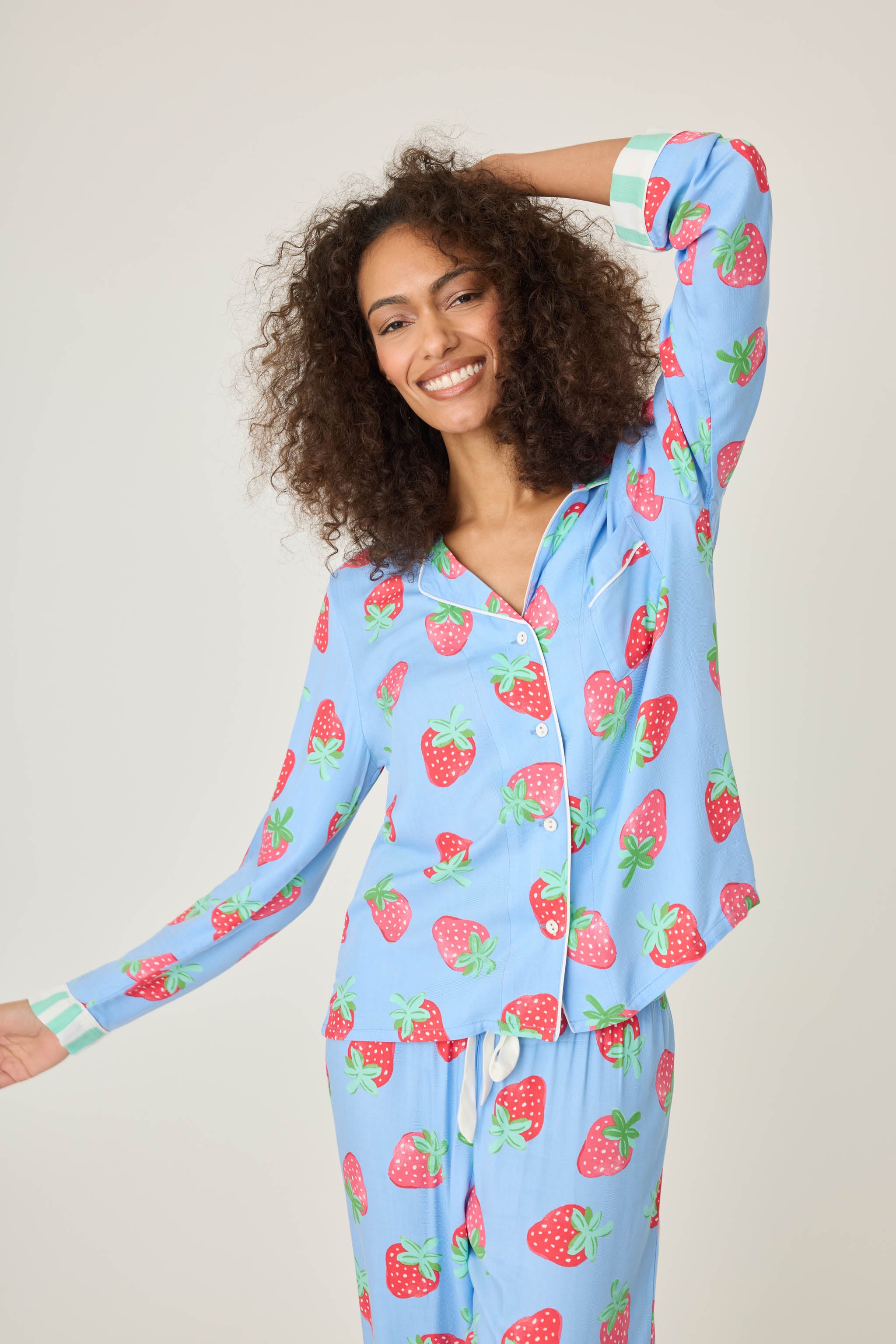 Women's Bright Blue Strawberry Pajama Top in Matte Sateen – - Main Image
