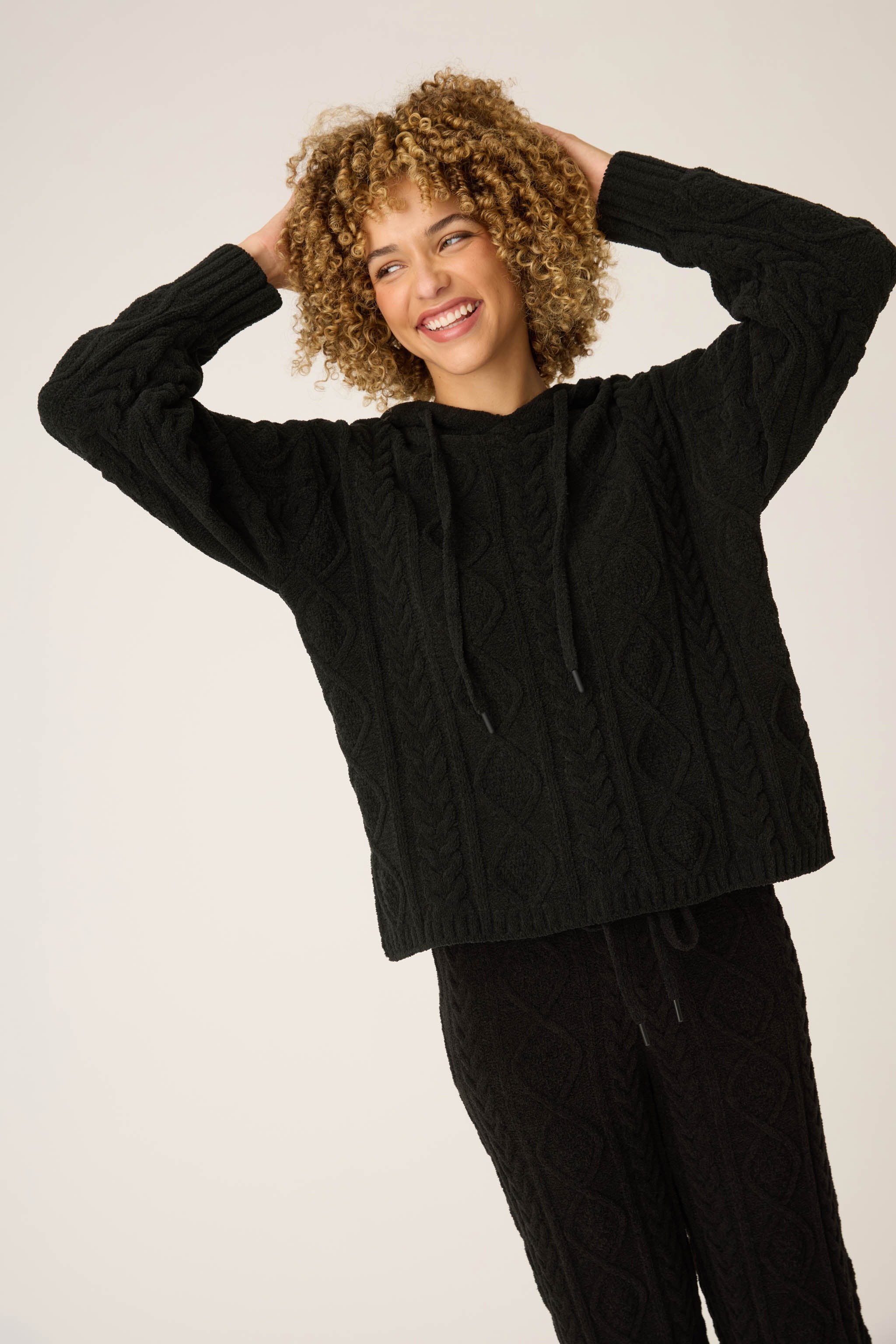 Chenille Cable Knit Black Hoodie | P.J. Salvage