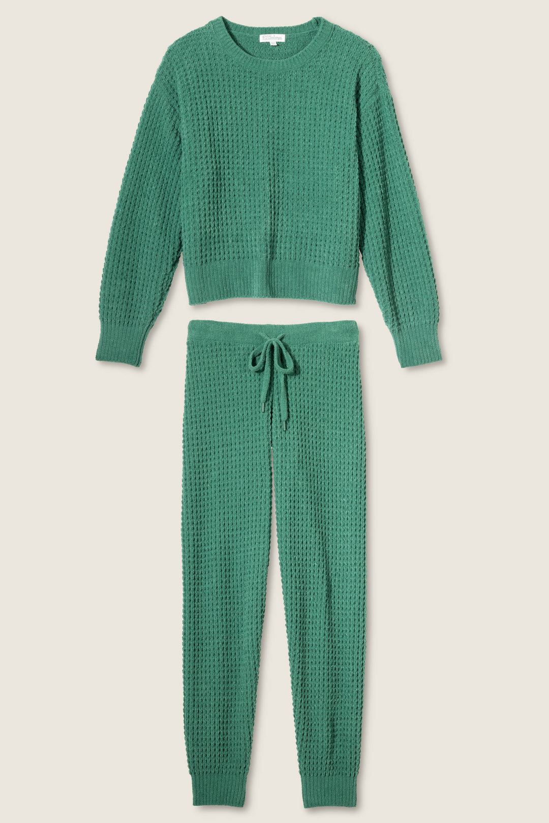 The P.J. Salvage Chenille Waffle Solid Forest Lounge Set features a green textured knit long-sleeve crewneck sweater and matching drawstring pants, both shown flat on a neutral background.
