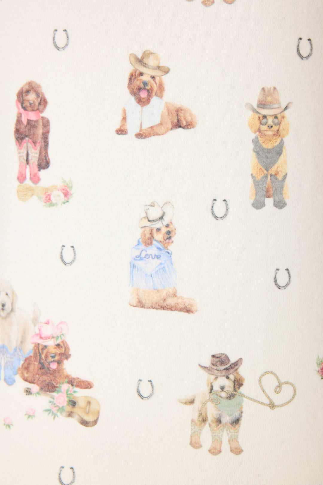 P.J. Salvage DOGS OPEN LEG PANT RUFF ON THE RANGE features patterned fabric with dogs in cowboy hats, boots, and bandanas, plus horse shoe symbols on a light background—some pups interacting with western-themed props.