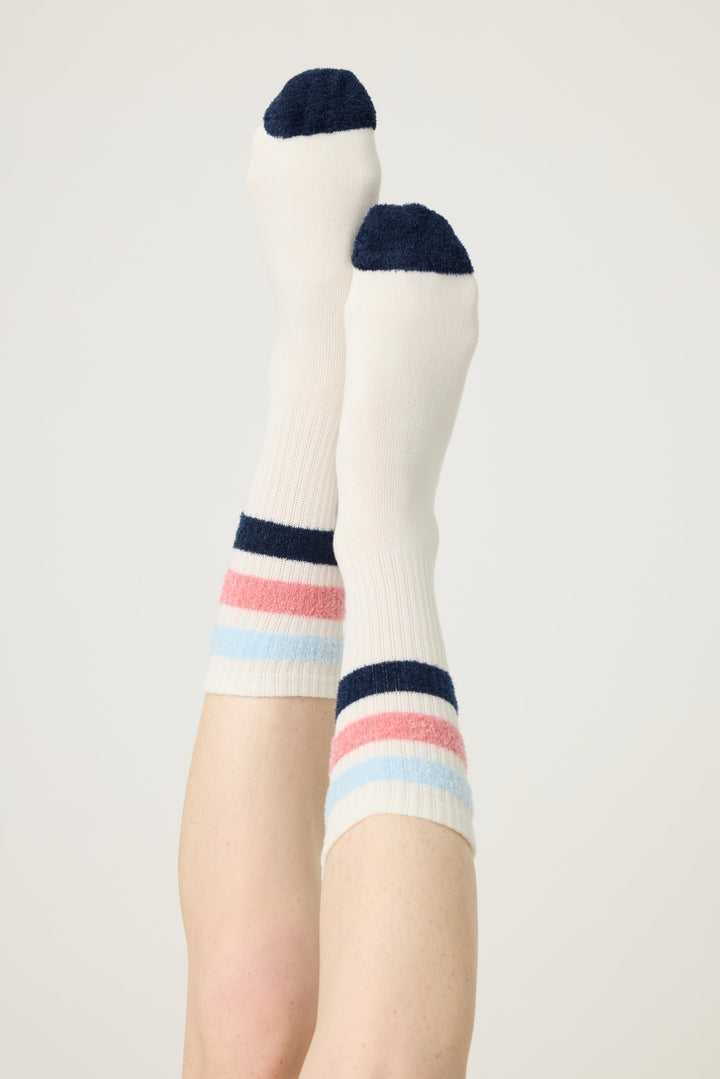 1-pack crew sock. Women's & girls' ivory sock with blue & red stripes.