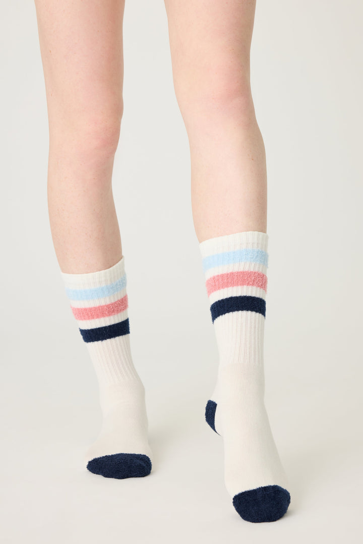 1-pack crew sock. Women's & girls' ivory sock with blue & red stripes.