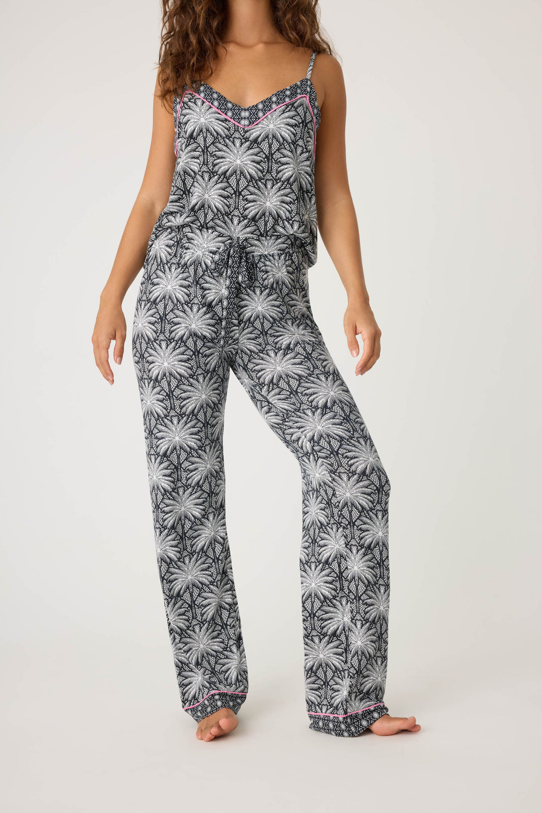 Women's black & ivory palm print pajama pant in modal. Contrast printed hem & waist ties.