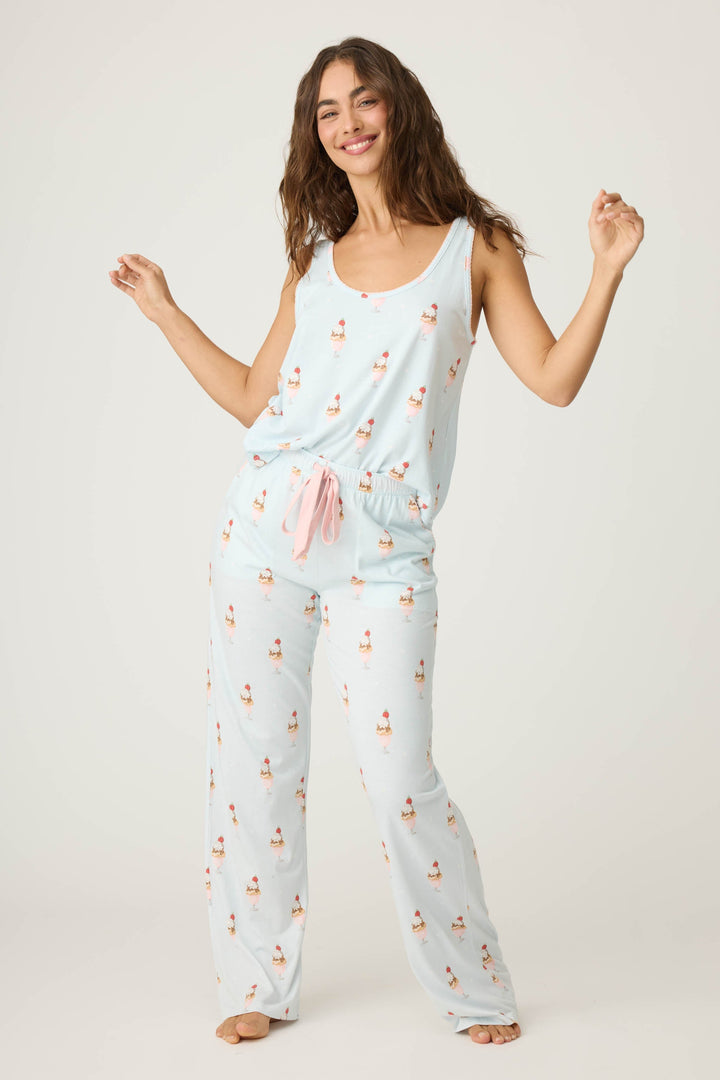 Women's light blue ice cream printed pajama set tank top & tie-waist pajama pant.