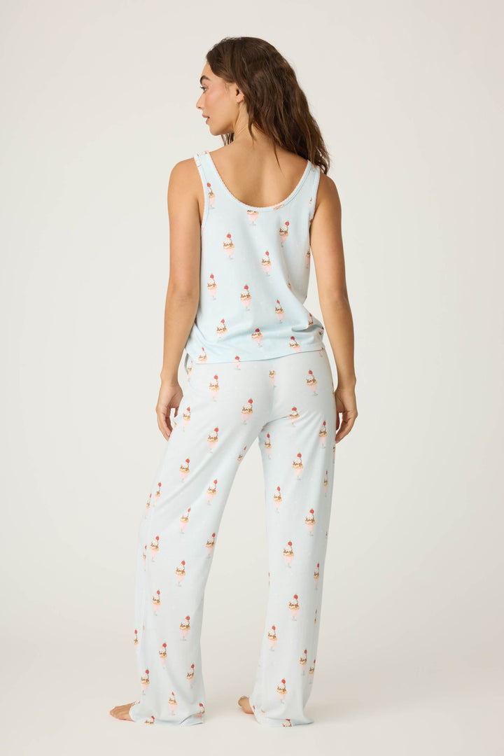 Women's light blue ice cream printed pajama set tank top & tie-waist pajama pant.