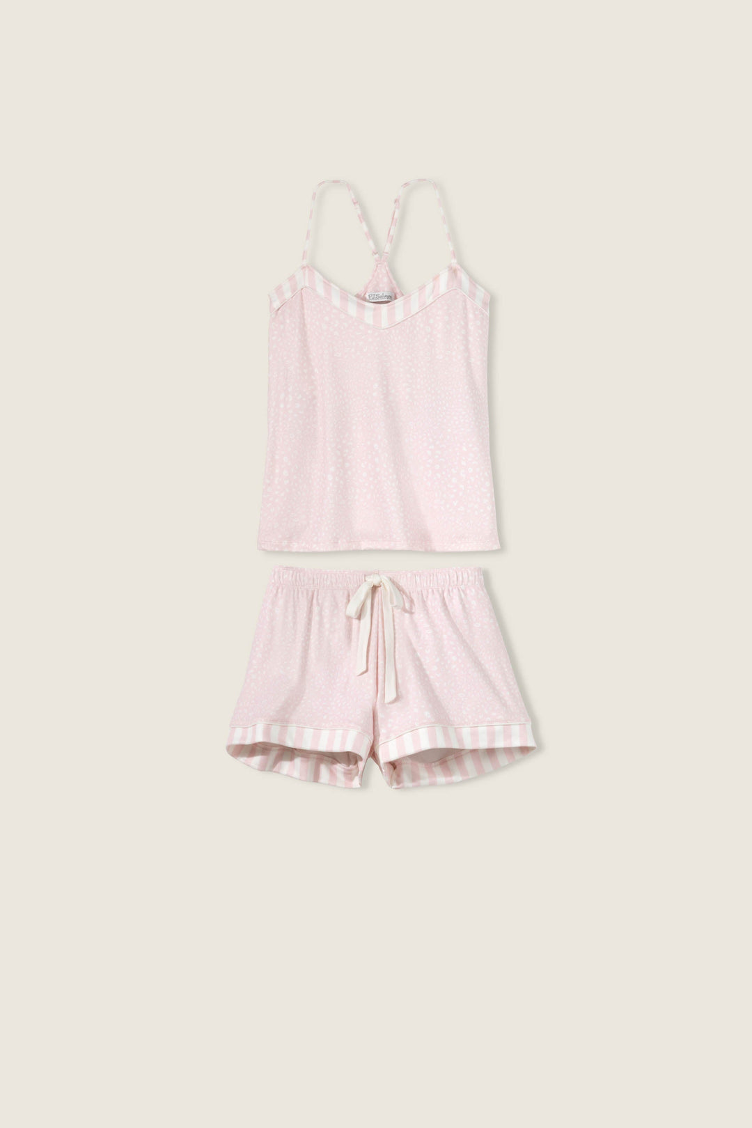 Women's camisole & short sleep set in light pink-ivory leopard dot. Cami has adjustable straps & shelf bra. Short has tie waist. Both with contrast pink striped details.Exclusive collab with Susan G. Komen style.