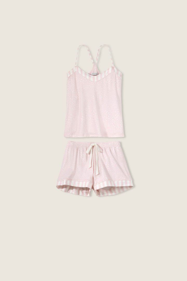 Women's camisole & short sleep set in light pink-ivory leopard dot. Cami has adjustable straps & shelf bra. Short has tie waist. Both with contrast pink striped details.Exclusive collab with Susan G. Komen style.