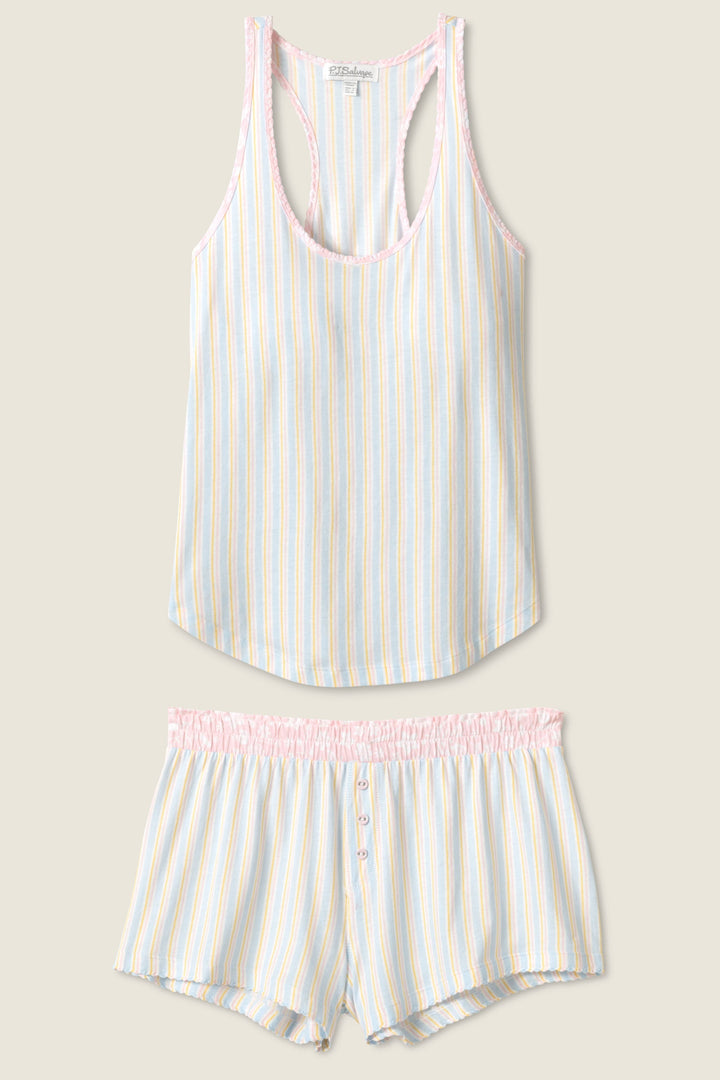 Two mix & match sleep gift set tank top & boxer pj short for women in pink floral & pastel stripes. Comes in gift box.