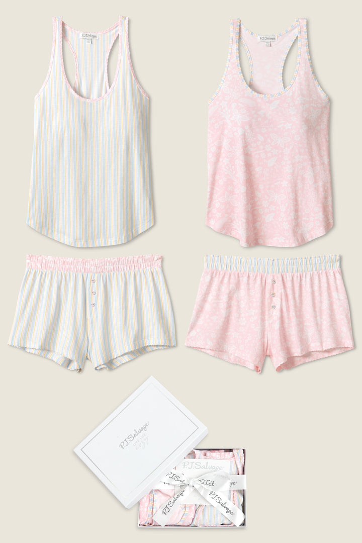 Two mix & match sleep gift set tank top & boxer pj short for women in pink floral & pastel stripes. Comes in gift box.