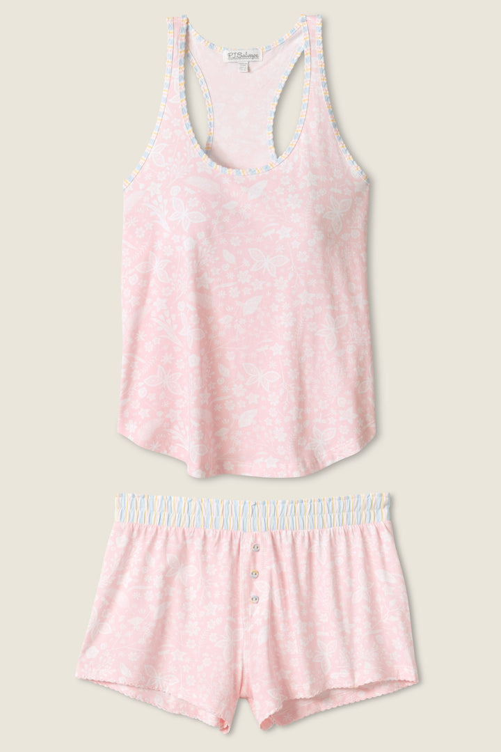 Two mix & match sleep gift set tank top & boxer pj short for women in pink floral & pastel stripes. Comes in gift box.