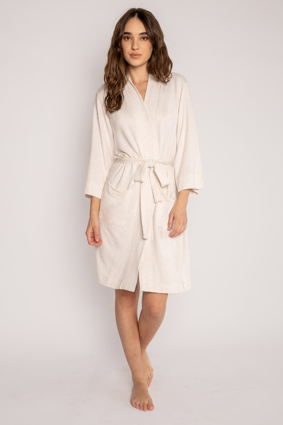 Oatmeal kimono-style robe with side patch pockets & self belt in mini French terry. Mid-length fit. (7122608488548)