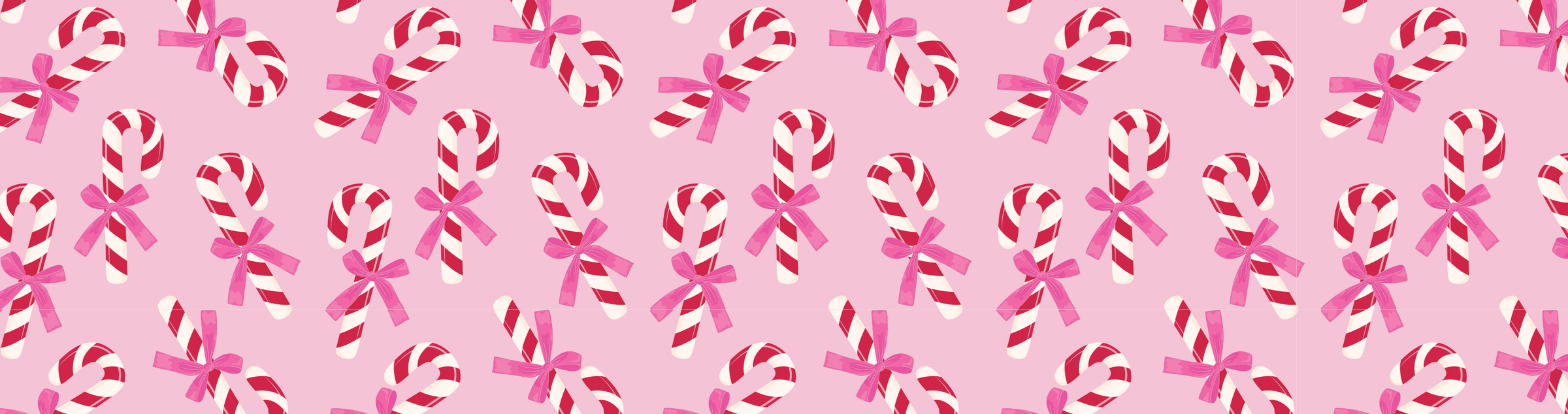 A seamless pattern featuring pink coffee cups, croissants, heart-shaped waffles, strawberries, and small red hearts on a light pink and white striped background.