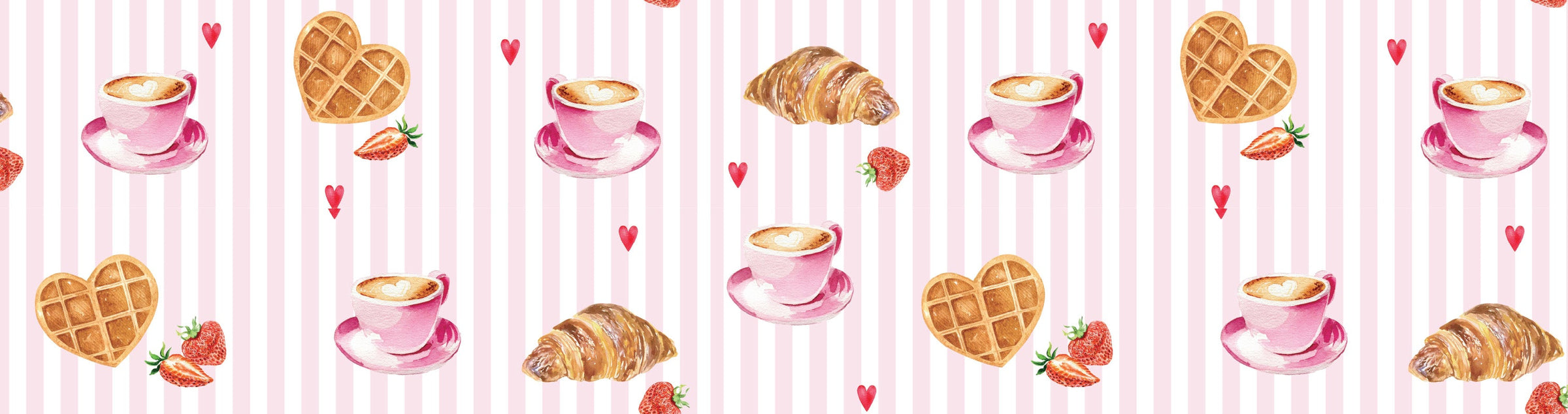 A seamless pattern featuring pink coffee cups, croissants, heart-shaped waffles, strawberries, and small red hearts on a light pink and white striped background.