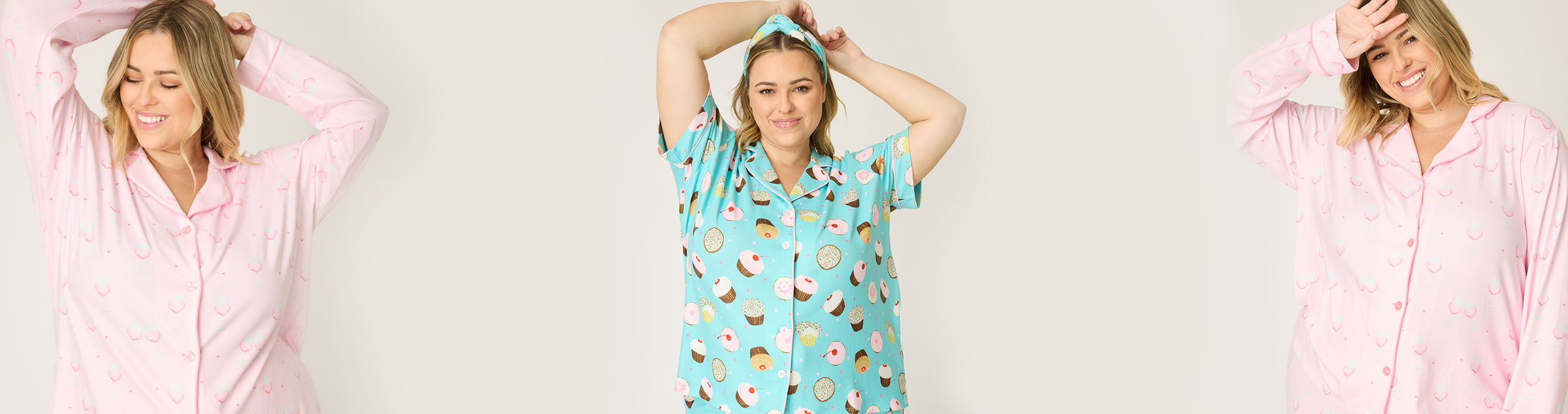 Three women wearing plus-size pajamas with different patterns—blue with snowmen, white with navy doodles, and navy with stars—pose together against a plain light background.