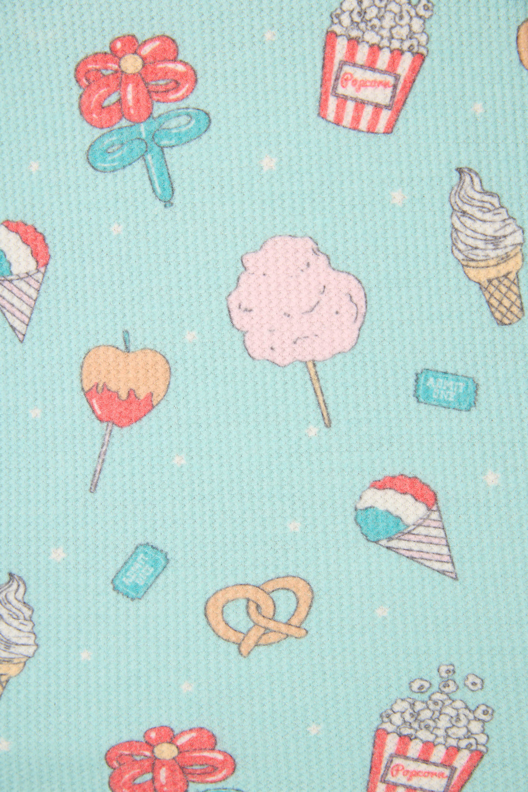 Playful carnival treat pattern—popcorn, cotton candy, ice cream, caramel apples—on a light blue background.