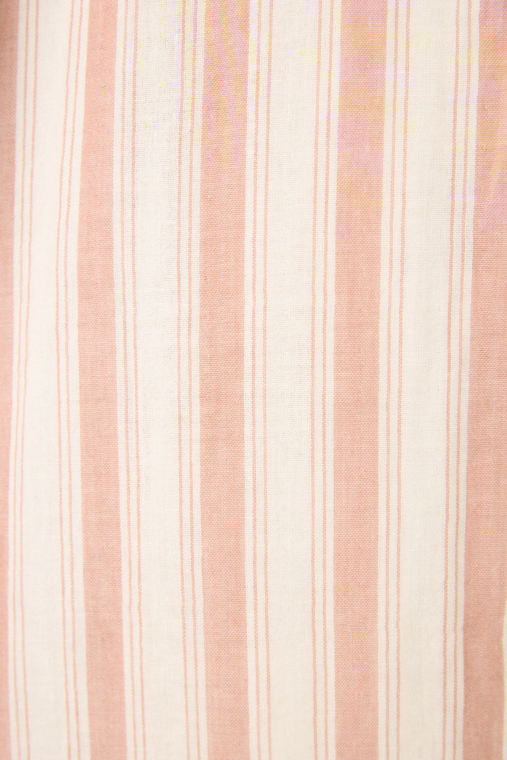 Soft, woven fabric with vertical stripes in light pink and off-white, alternating in thickness for a stylish textured look.