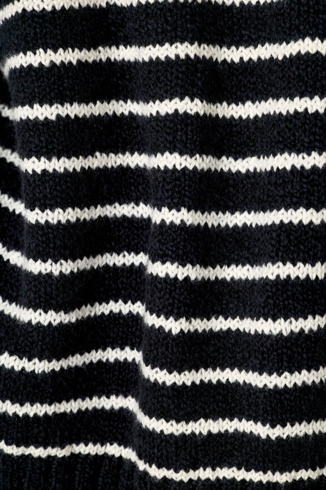 Close-up of a knitted fabric with horizontal black and white stripes.