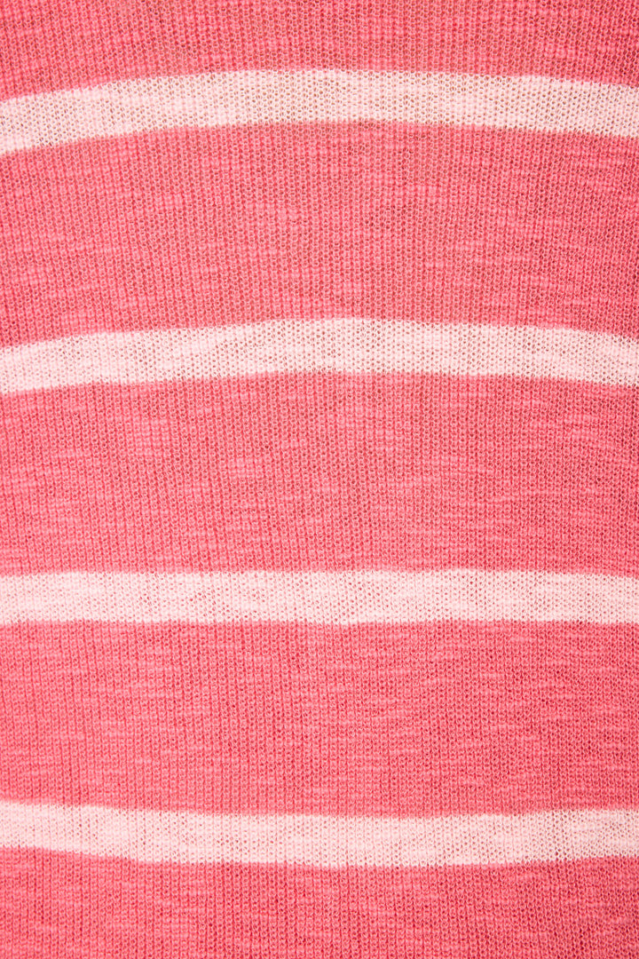 Close-up of the Cozy Up Cotton Berry Kiss Open Leg Pants by P.J. Salvage, featuring pink knitted fabric with evenly spaced horizontal white stripes and visible textured pattern.