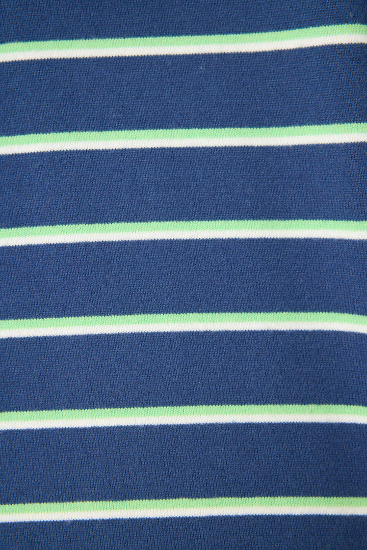 Close-up of the C'est La Vie Striped Hoodie by P.J. Salvage, showing its horizontal stripes in navy blue, white, and light green.