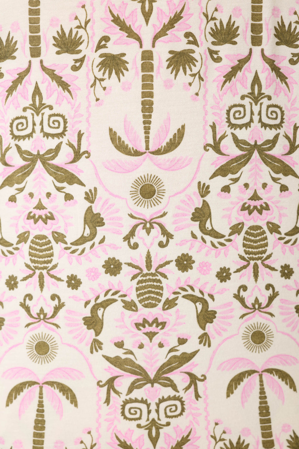 The fabric displays a symmetrical pattern of stylized palm trees, birds, and floral motifs in olive green and soft pink on cream.