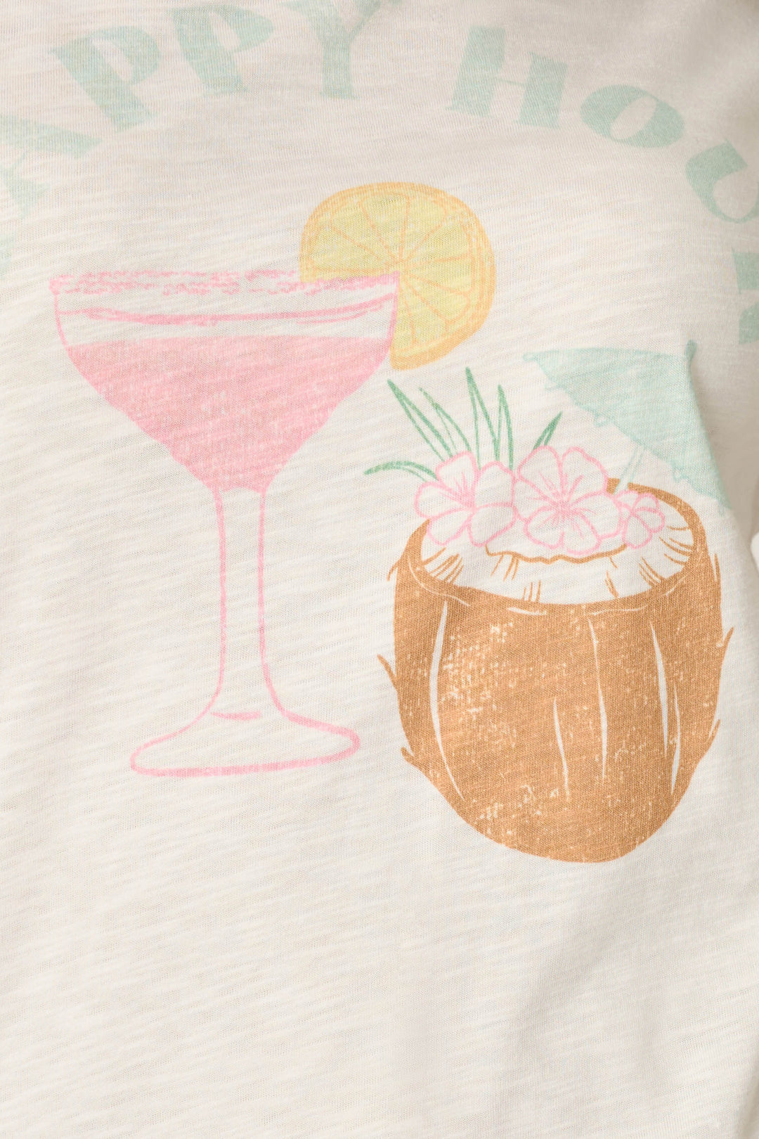 The P.J. Salvage It's Five O'clock Somewhere "Happy Hour" Graphic T-Shirt features a pink cocktail with lemon and a flower-topped coconut drink, capturing a fun, tropical vibe perfect for festive occasions.