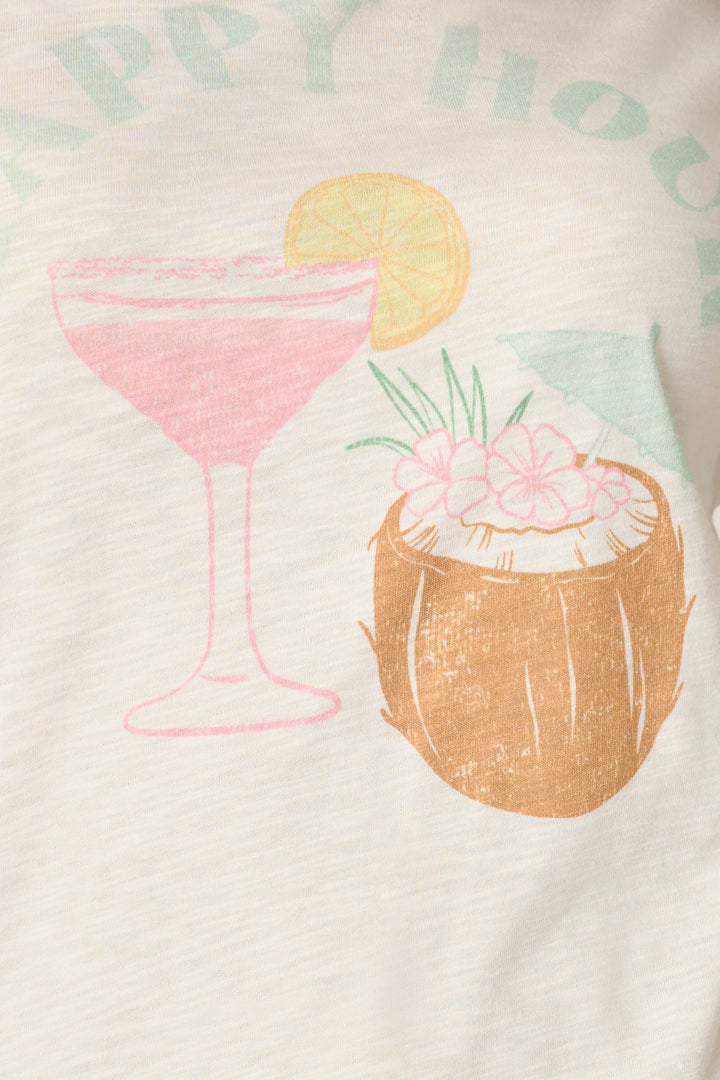 The P.J. Salvage It's Five O'clock Somewhere "Happy Hour" Graphic T-Shirt features a pink cocktail with lemon and a flower-topped coconut drink, capturing a fun, tropical vibe perfect for festive occasions.