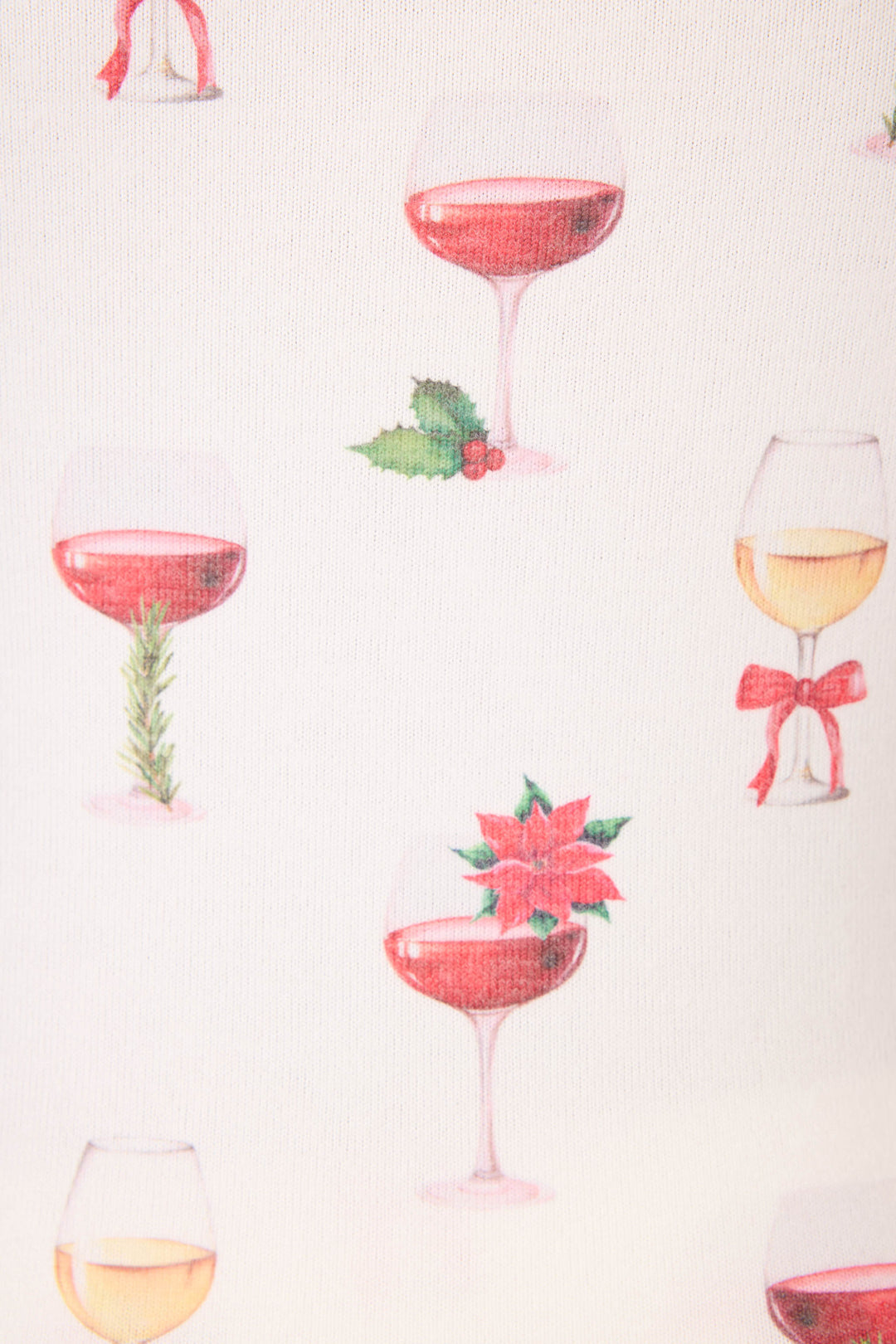 The P.J. Salvage "Let's Get Toasty Holiday Wine Print" tank top features festive champagne and wine glasses—some adorned with holly, rosemary, poinsettias, or red bows—on a crisp white background.