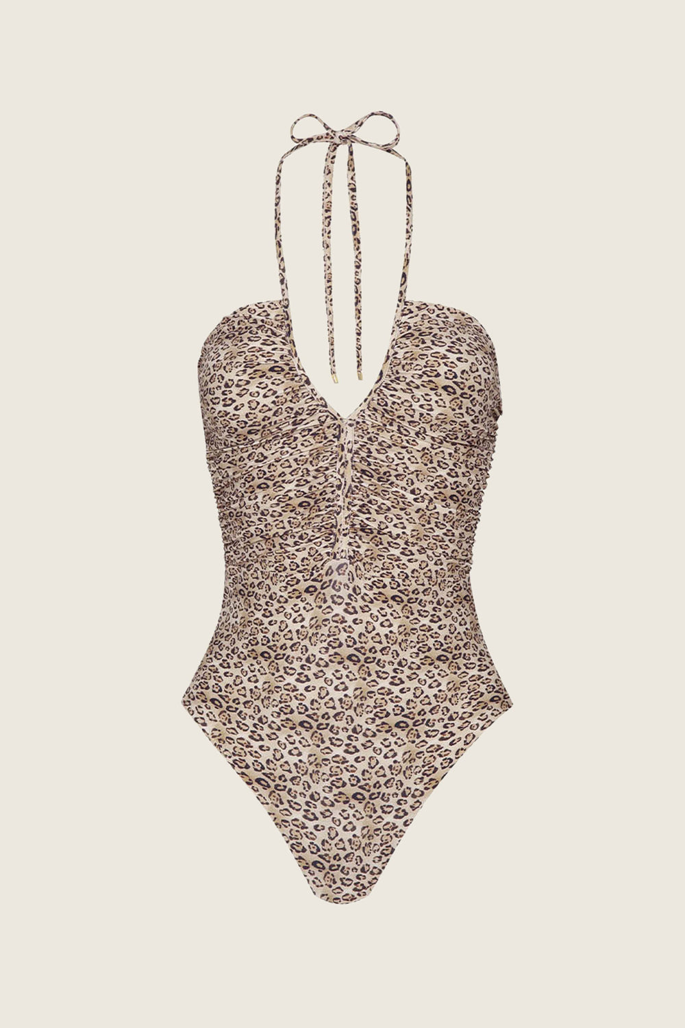 The PQ Swim PJS x PQ Swim Leopard Josie One Piece features a halter neck tie, center ruching, built-in shelf bra, and a brown/beige leopard print on a light background for a flattering fit and moderate leg cut.