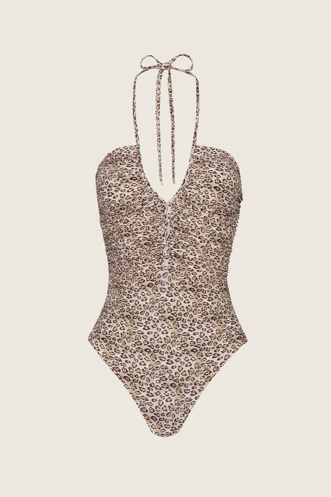 The PQ Swim PJS x PQ Swim Leopard Josie One Piece features a halter neck tie, center ruching, built-in shelf bra, and a brown/beige leopard print on a light background for a flattering fit and moderate leg cut.