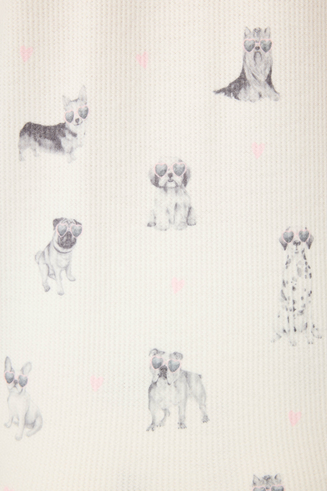 The P.J. Salvage My Dog Is My Valentine 3-Piece PJ Set features white textured fabric printed with dogs in heart-shaped sunglasses and scattered pink hearts.