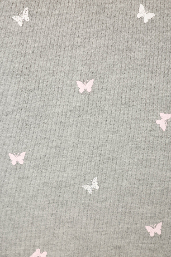 The Peachy Mix & Match Butterfly Kisses Shorts by P.J. Salvage are heather grey sleep shorts in soft, ribbed jersey fabric with a pink and white butterfly print.