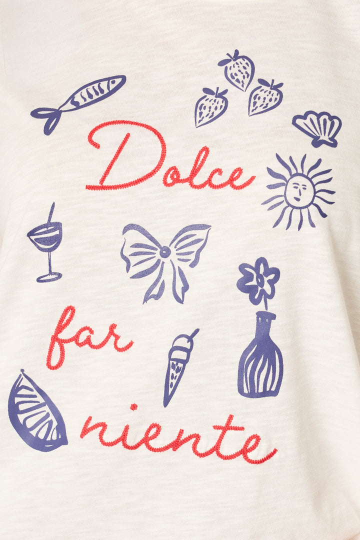The Playful Prints Dolce Far Niente Short PJ Set by P.J. Salvage features white cotton-modal fabric, red script, and playful blue illustrations—Italian-inspired pajamas that capture the joy of relaxing in style.