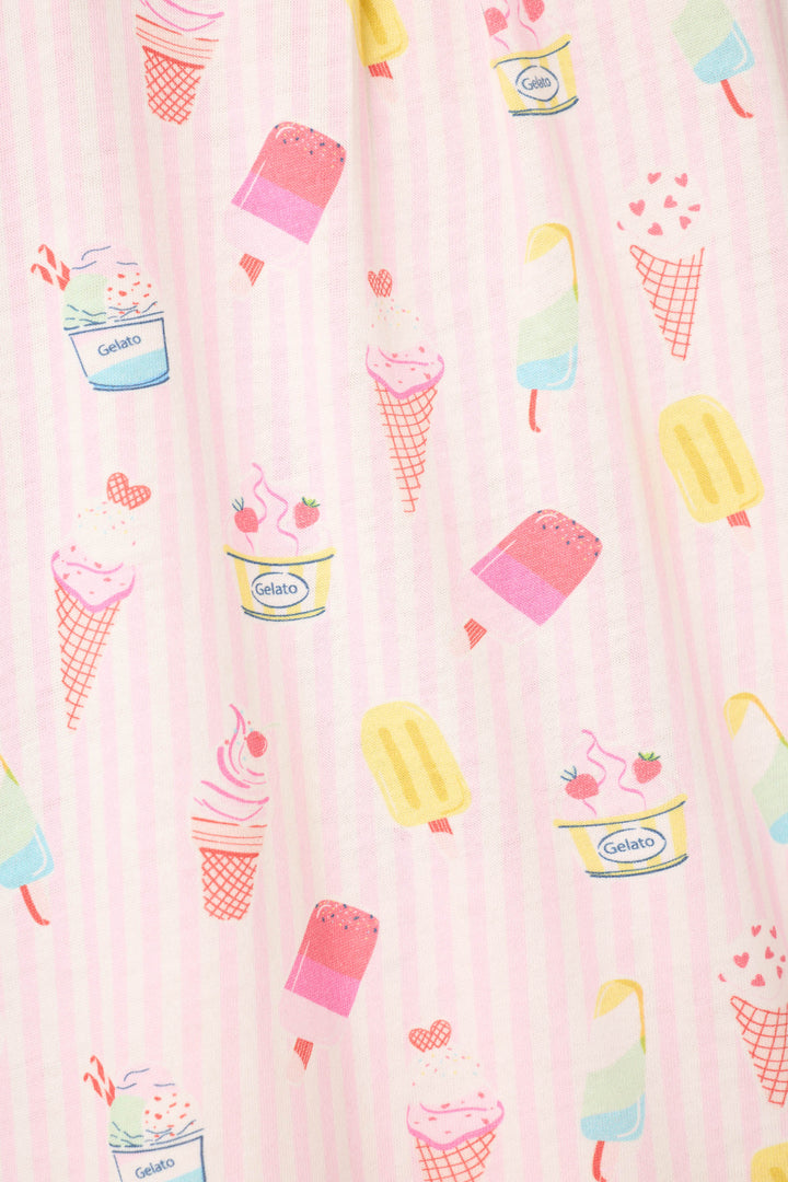 The Playful Prints Sugar Rush Sleep Shorts by P.J. Salvage feature colorful ice cream cones, popsicles, and gelato cups on a pink striped background—perfect for adding cheerful Amalfi Coast-inspired vibes to your pajama drawer.
