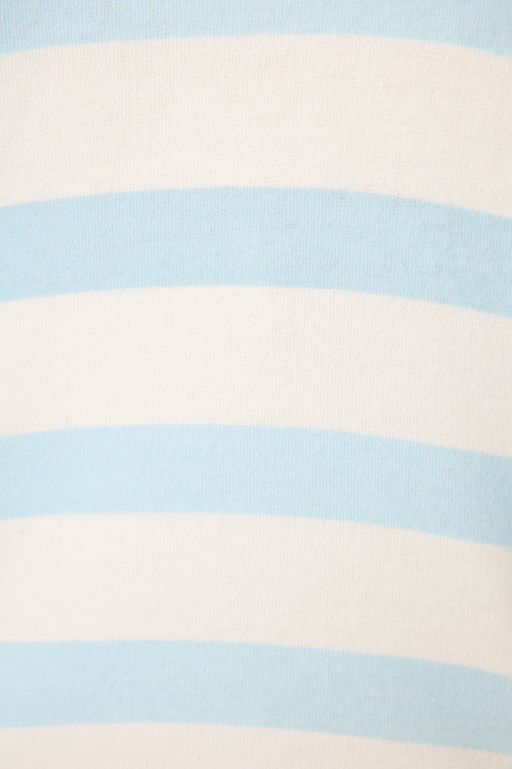 A close-up of the Pupcation Palms Ocean Stripe Quarter Zip Pullover Sweater by P.J. Salvage, crafted from vintage French terry fabric.