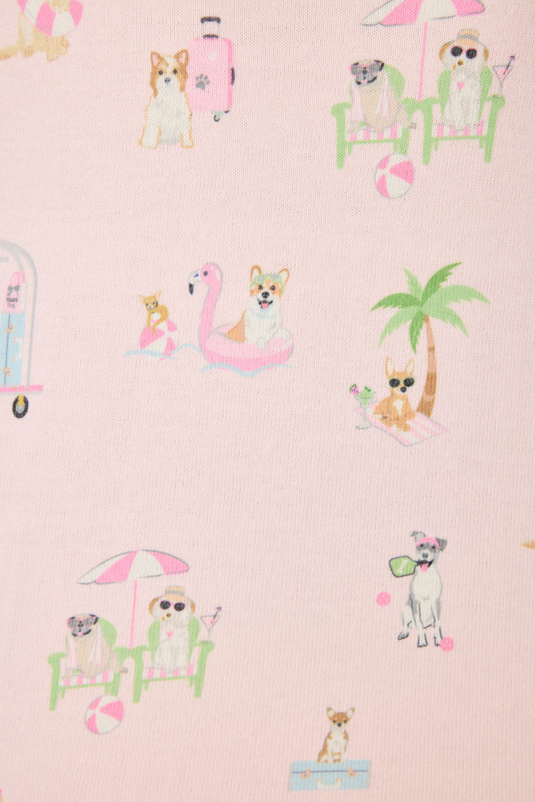 Dogs enjoy vacation moments—lounging, floating on a flamingo pool float, and playing under umbrellas—while sporting the P.J. Salvage Pupcation Palms Sunnies & Sunshine Banded Pants, all set against a light pink backdrop.