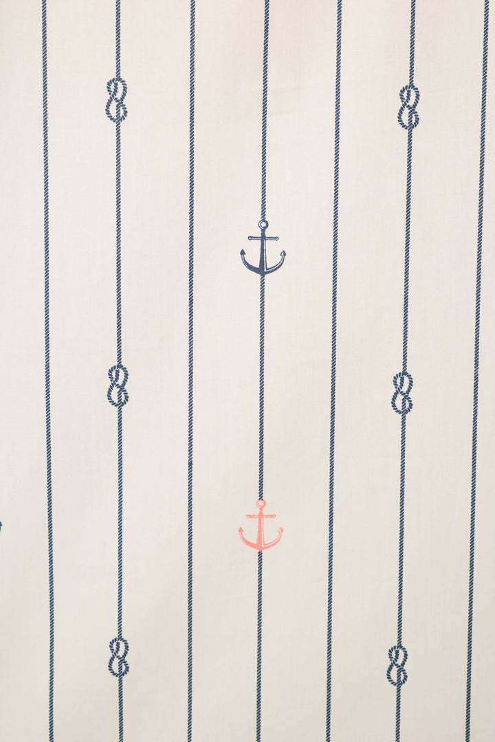 The Afterparty Poplin Anchors Away Short PJ Set by P.J. Salvage features white cotton poplin with vertical blue stripes, small blue knots, and blue and red anchor accents—ideal for a breezy, coastal-inspired night in.