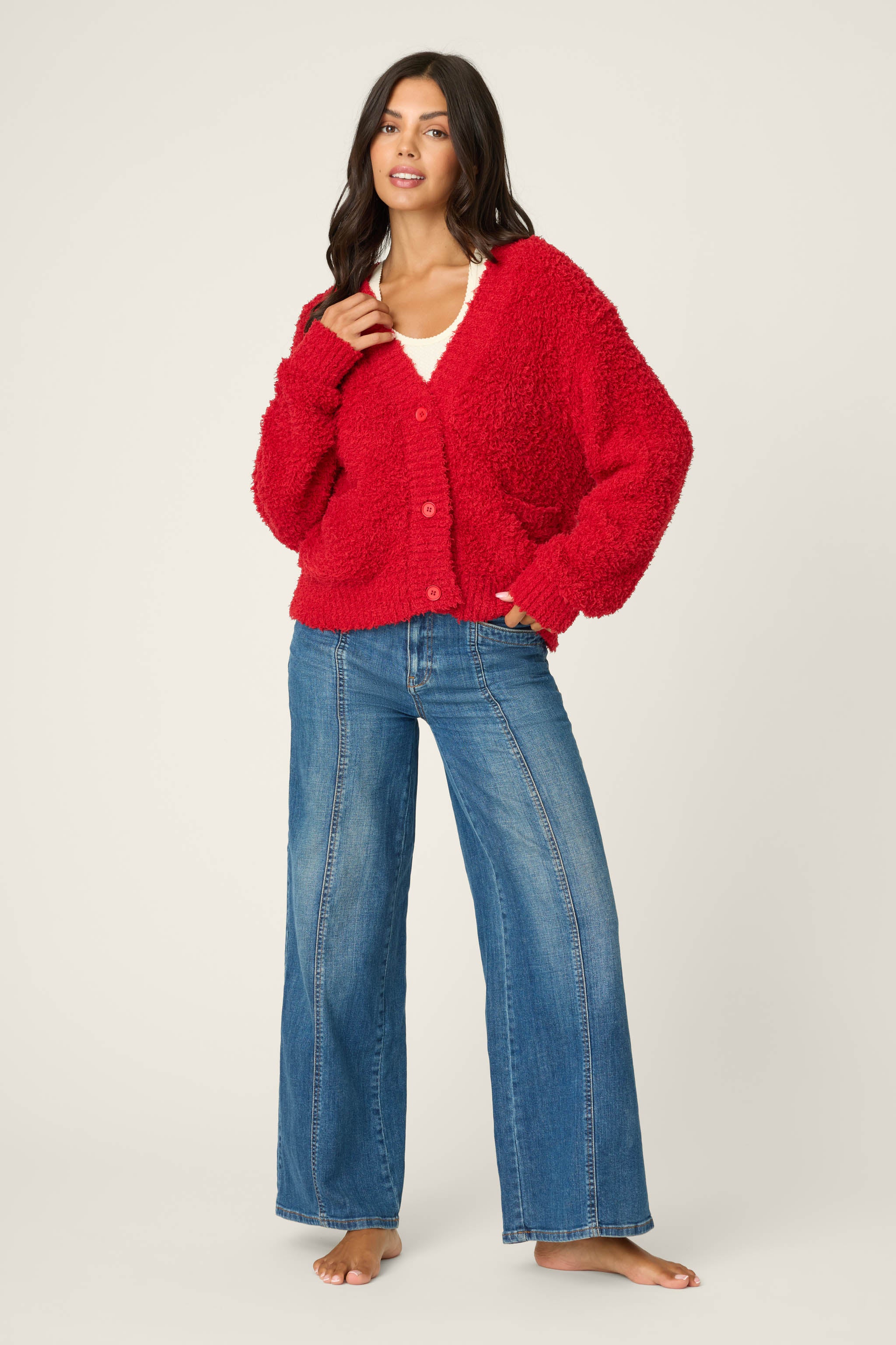 Women's Red Bouclé Cardigan with Pockets – P.J. Salvage