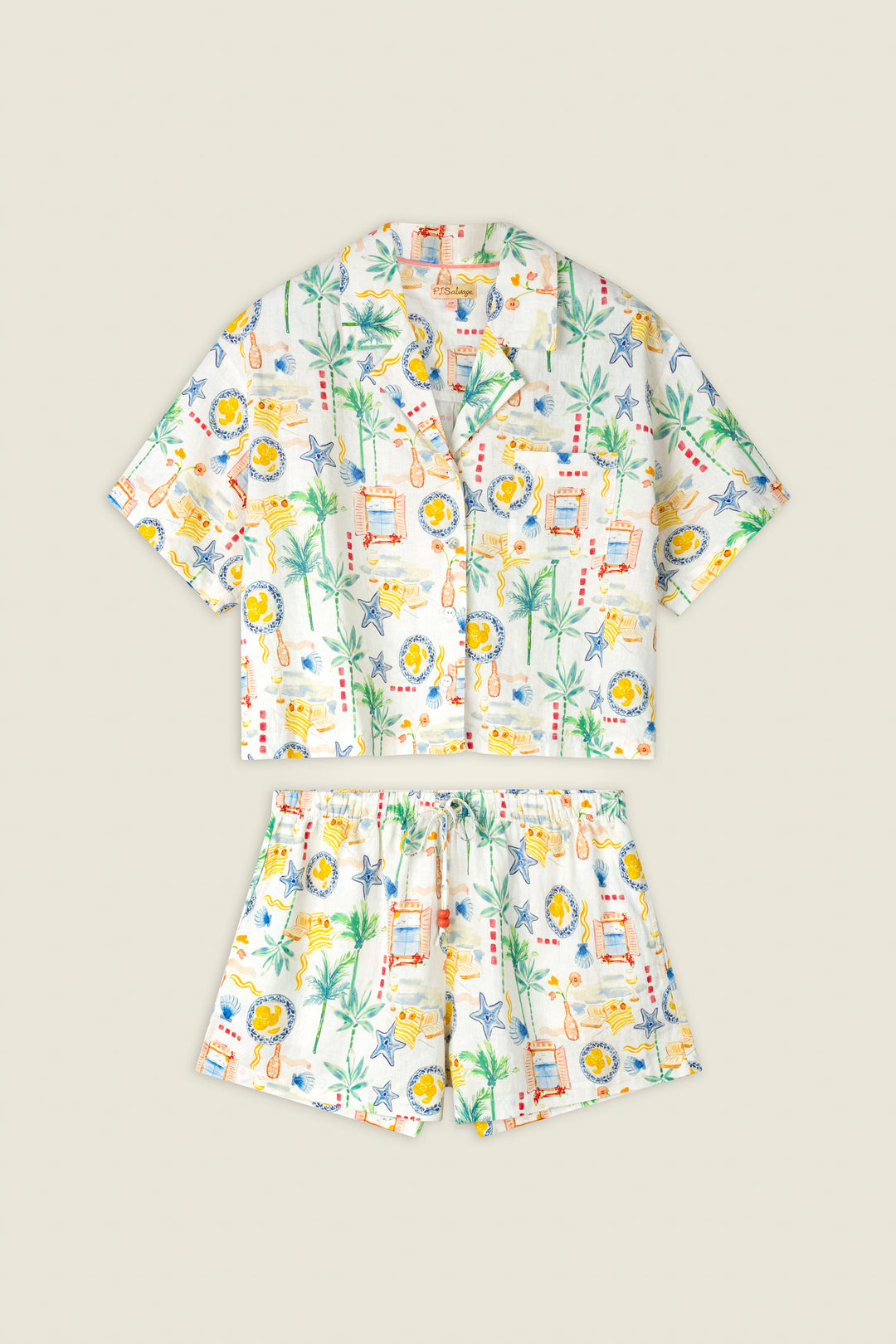 Colorful tropical print fabric featuring palm trees, stamps, and suns on a light background with a playful, vibrant look.
