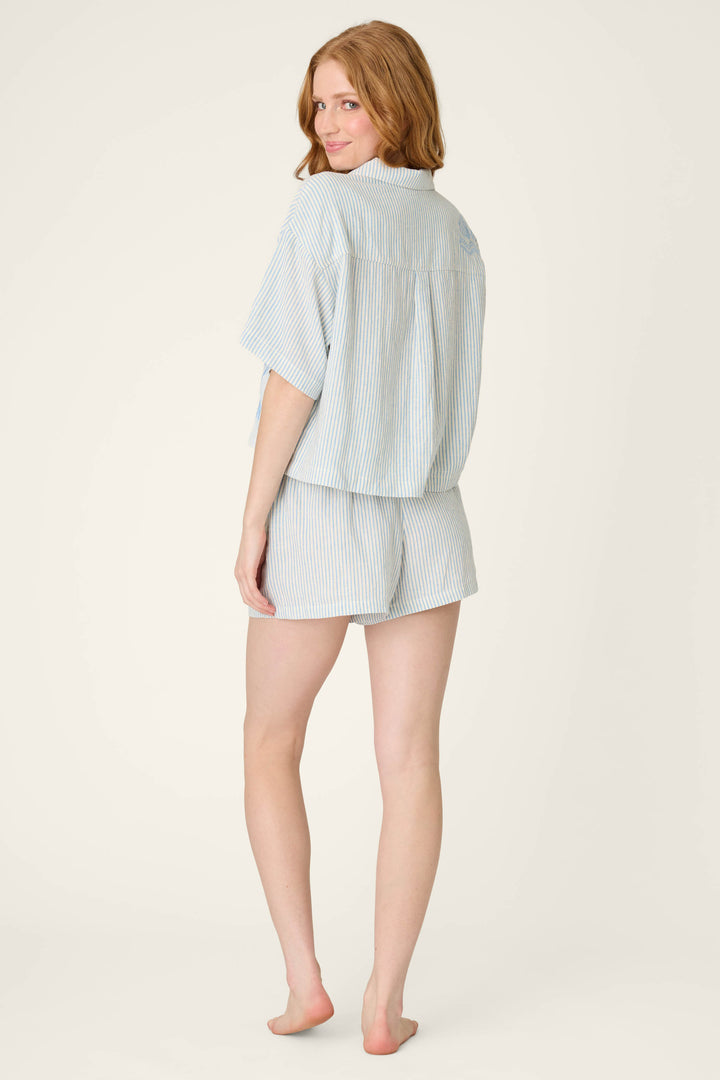 Light blue and white striped fabric with a smooth texture.