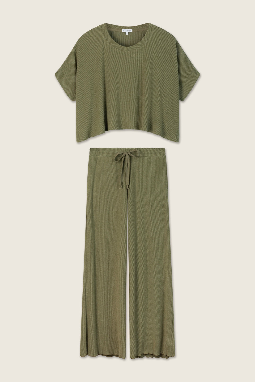 The P.J. Salvage "Olive You Forever Lounge Set" features a short-sleeve, loose cropped top and matching high-waisted, wide-leg pants with a drawstring waist, shown on a light background.