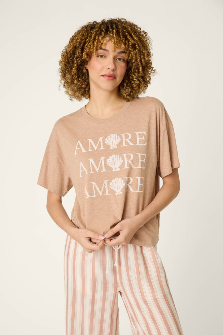 Beige fabric with triple "AMORE" text and seashell graphics, combined with pink and white striped material.