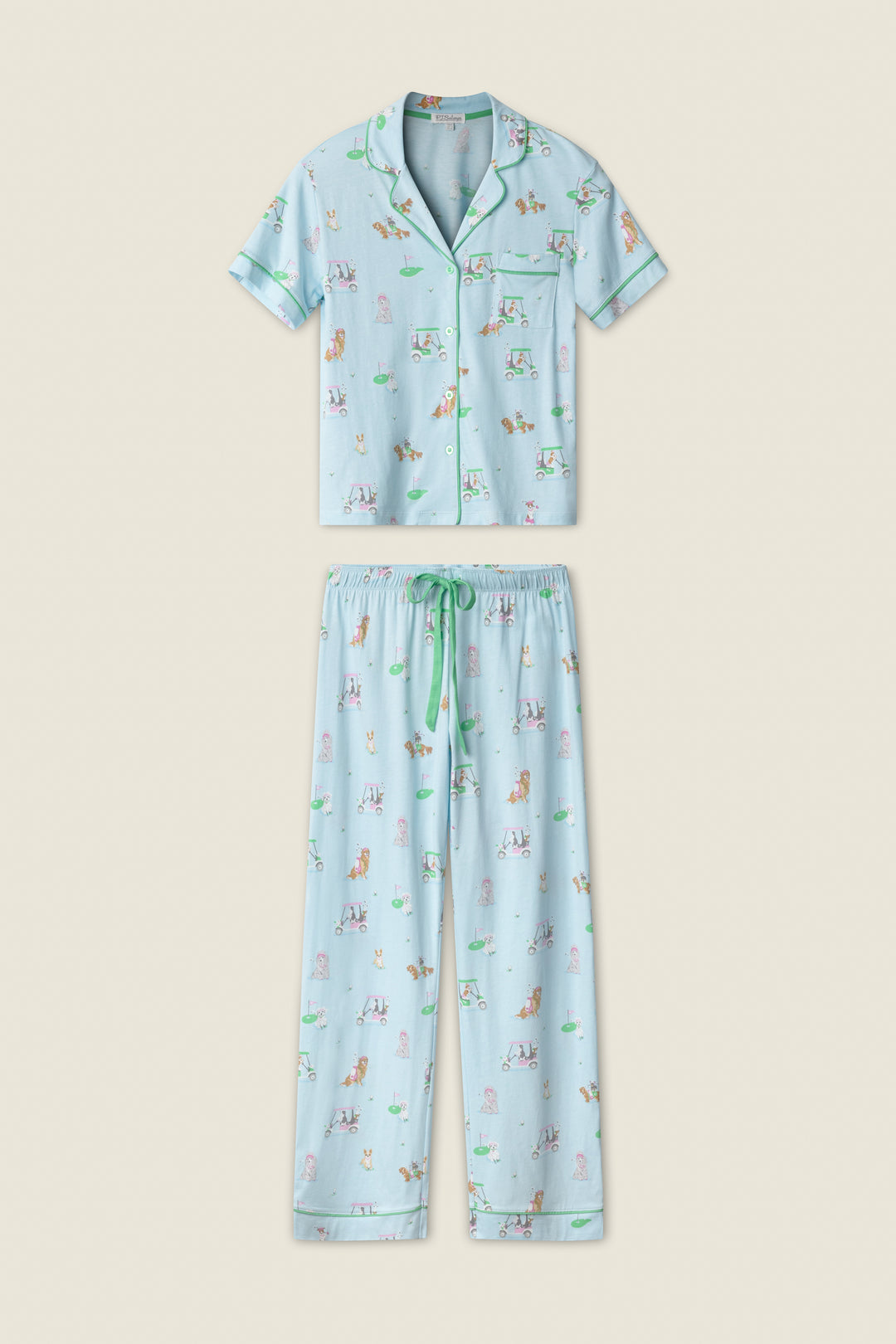The Whimsy Putter Pup Cropped PJ Set by P.J. Salvage features a blue pajama design with playful cat graphics.