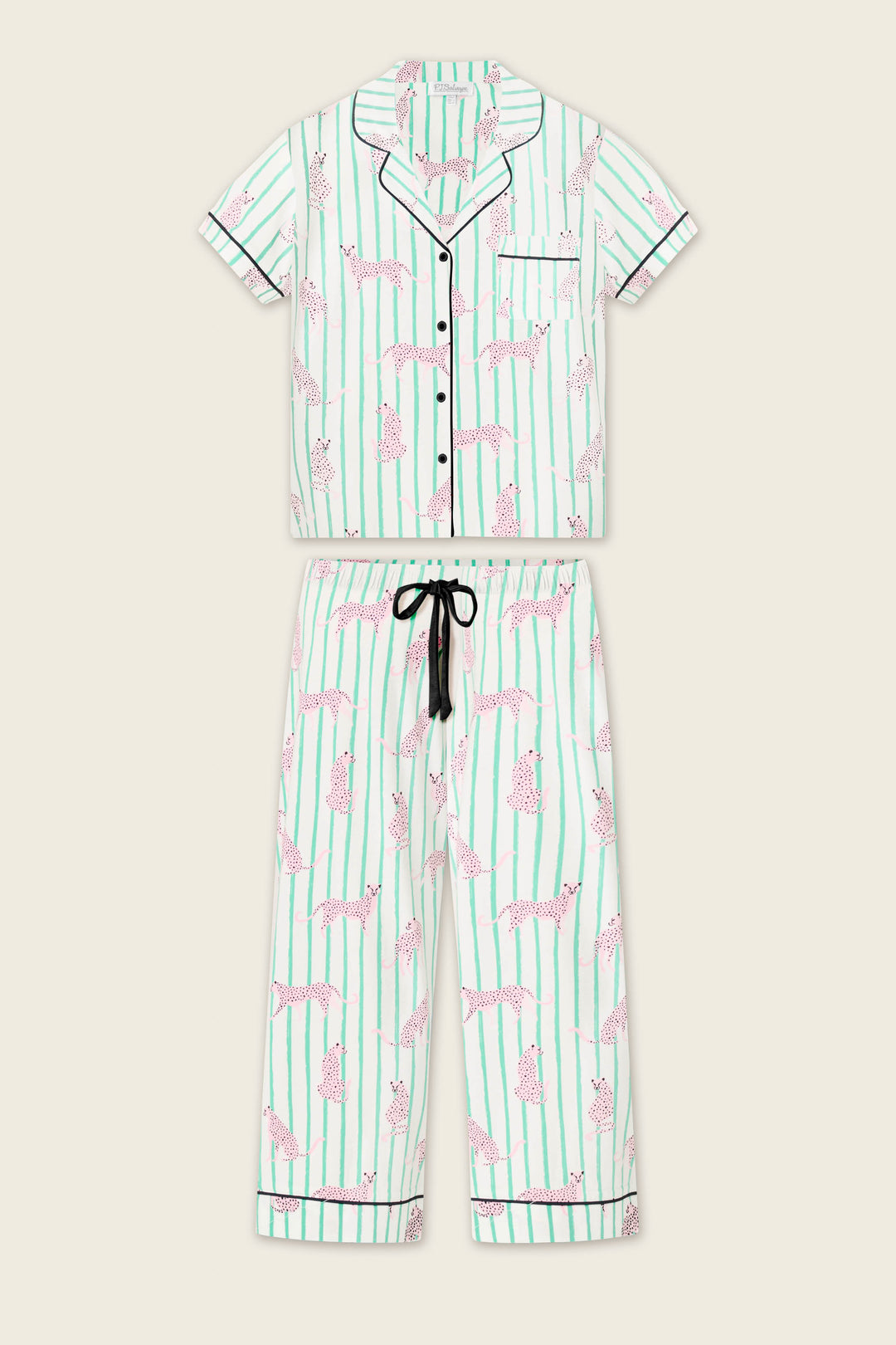 The Whimsy Cool Cat Cropped PJ Set by P.J. Salvage features a short-sleeve button-up top and long pants in white with light green stripes and pink cheetah print, plus a black drawstring waist.