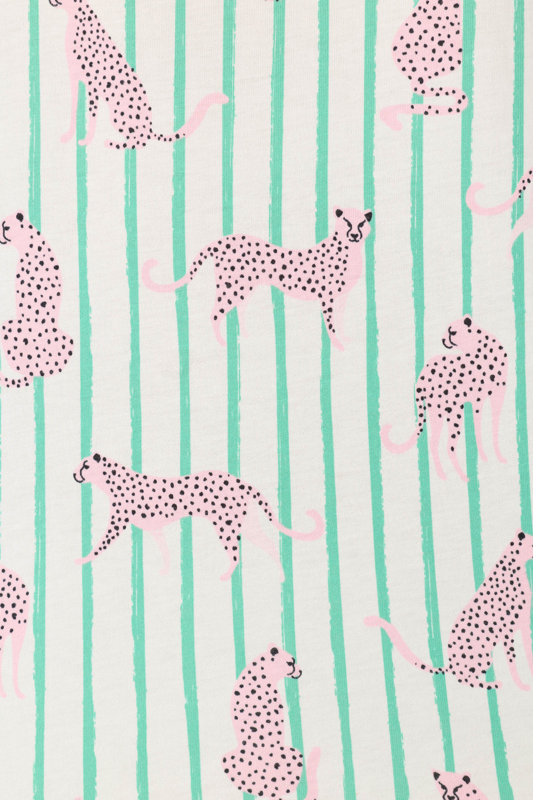 The P.J. Salvage Whimsy Cool Cat Cropped PJ Set features pink cheetahs with black spots in playful poses on a white background accented by vertical green lines.