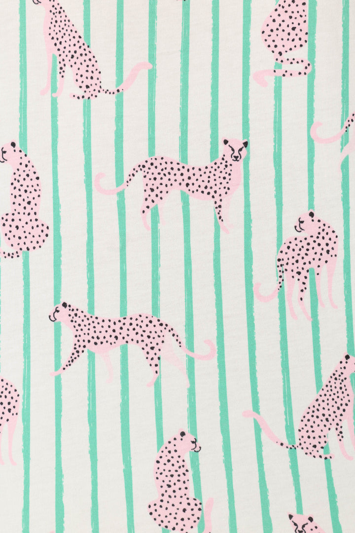 The P.J. Salvage Whimsy Cool Cat Cropped PJ Set features pink cheetahs with black spots in playful poses on a white background accented by vertical green lines.